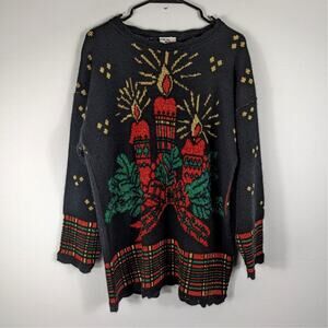 Vintage NutCracker USA Christmas Sweater M Candles Lurex Metallic Knit Holiday